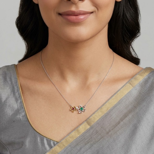 Dainty Two-Tone Dual Blossom Necklace – 92.5 Sterling Silver Mixed Metal Pendant with Ruby & Emerald Toned Centers