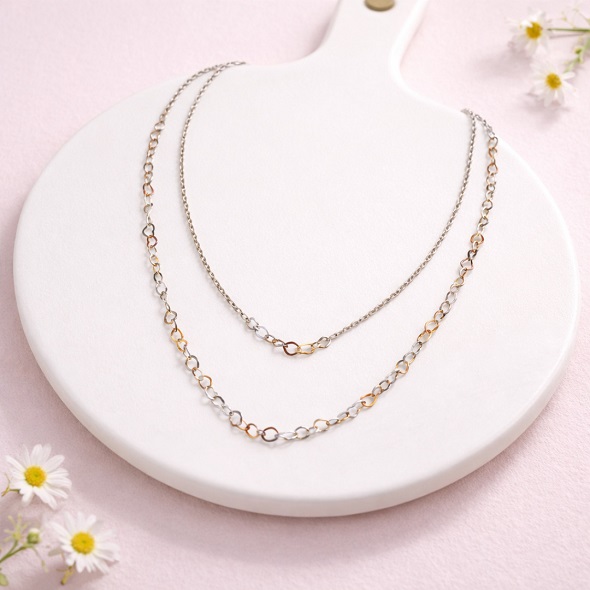 Dainty Two-Tone Heart Link Layered Necklace – 92.5 Sterling Silver & Rose Gold Plated Double Chain Choker