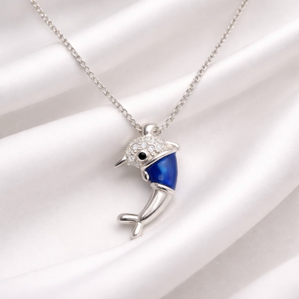 Dolphin Pendant Necklace 92.5 Sterling Silver Blue Stone for Women