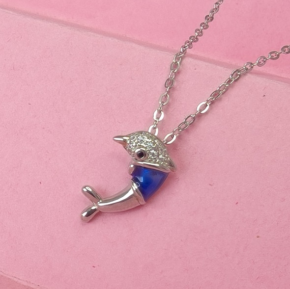 Dolphin Pendant Necklace 92.5 Sterling Silver Blue Stone for Women