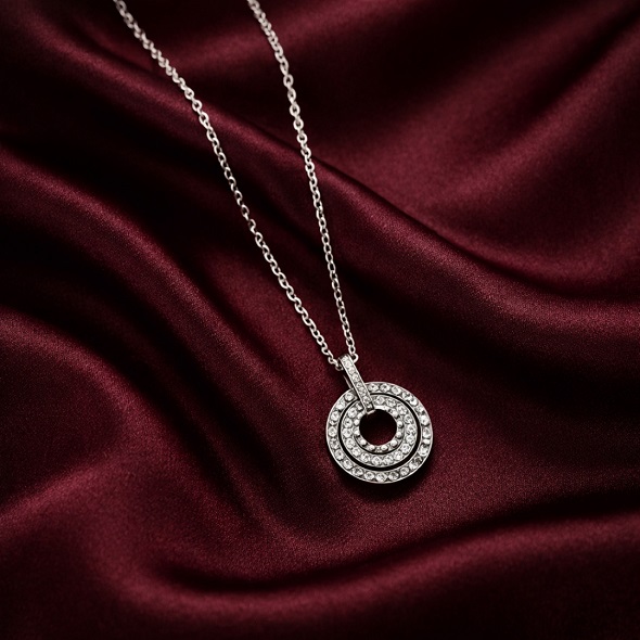 Double Circle Halo Pendant Necklace in 92.5 Sterling Silver – Interlocking Round Crystal Charm with Adjustable Chain