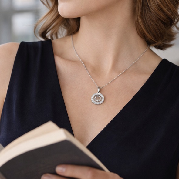 Double Circle Halo Pendant Necklace in 92.5 Sterling Silver – Interlocking Round Crystal Charm with Adjustable Chain