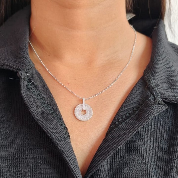 Double Circle Halo Pendant Necklace in 92.5 Sterling Silver – Interlocking Round Crystal Charm with Adjustable Chain