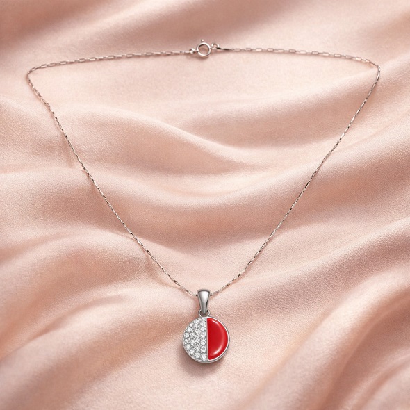 Dual Tone Round Pendant Necklace 92.5 Sterling Silver Red & Crystal for Women