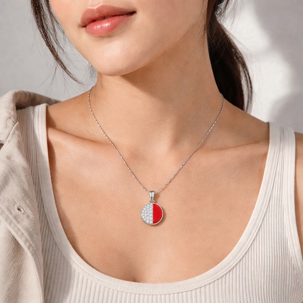 Dual Tone Round Pendant Necklace 92.5 Sterling Silver Red & Crystal for Women