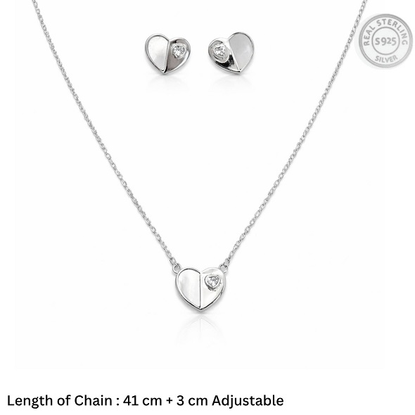 Duality Heart Mother of Pearl Jewelry Set – 92.5 Sterling Silver Heart Pendant & Stud Earrings with Iridescent Inlay and Solitaire Crystal