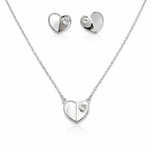 Duality Heart Mother of Pearl Jewelry Set – 92.5 Sterling Silver Heart Pendant & Stud Earrings with Iridescent Inlay and Solitaire Crystal