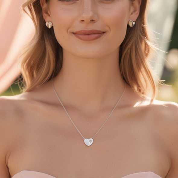 Duality Heart Mother of Pearl Jewelry Set – 92.5 Sterling Silver Heart Pendant & Stud Earrings with Iridescent Inlay and Solitaire Crystal