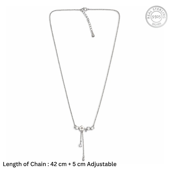 Floral Tassel Drop Necklace in 92.5 Sterling Silver – Elegant Cherry Blossom Y-Necklace with Sparkling Zirconia