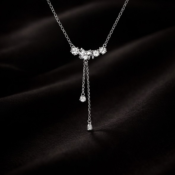 Floral Tassel Drop Necklace in 92.5 Sterling Silver – Elegant Cherry Blossom Y-Necklace with Sparkling Zirconia