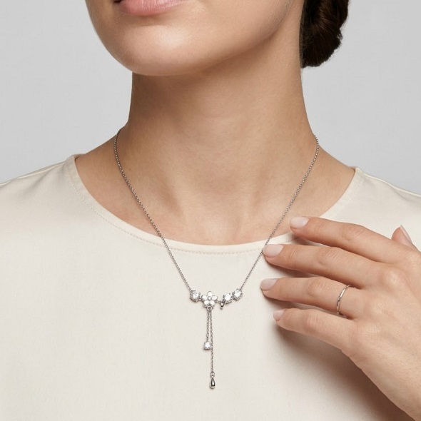 Floral Tassel Drop Necklace in 92.5 Sterling Silver – Elegant Cherry Blossom Y-Necklace with Sparkling Zirconia