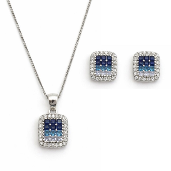Geometric Blue Ombré Square Jewelry Set – 92.5 Sterling Silver Cushioned Halo Necklace & Earrings with Gradient Sapphire-Toned Crystals