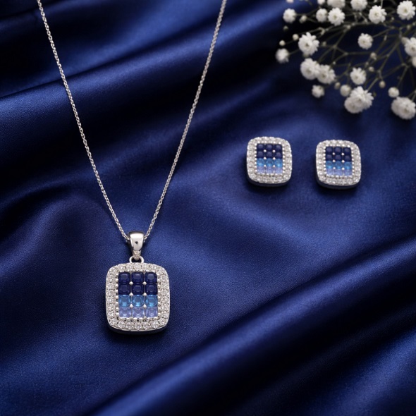 Geometric Blue Ombré Square Jewelry Set – 92.5 Sterling Silver Cushioned Halo Necklace & Earrings with Gradient Sapphire-Toned Crystals