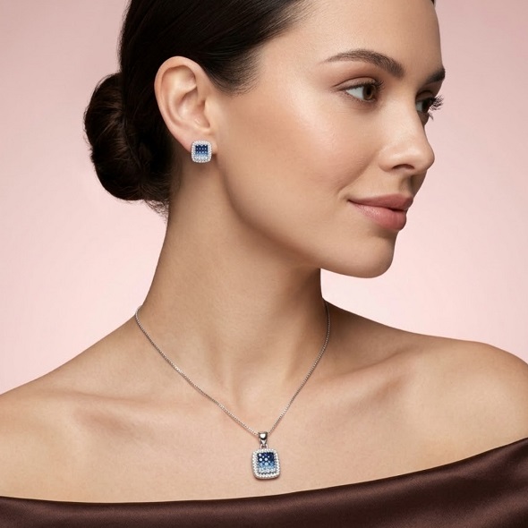 Geometric Blue Ombré Square Jewelry Set – 92.5 Sterling Silver Cushioned Halo Necklace & Earrings with Gradient Sapphire-Toned Crystals