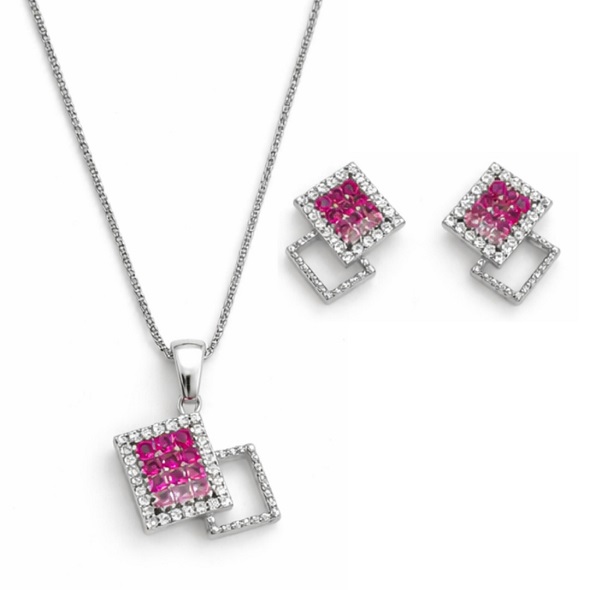 Geometric Pink Ombré Square Jewelry Set – 92.5 Sterling Silver Double Square Necklace & Earrings with Gradient Crystals