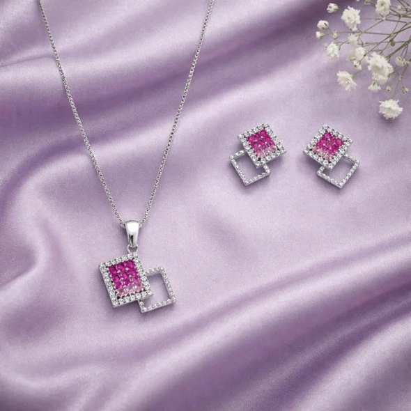 Geometric Pink Ombré Square Jewelry Set – 92.5 Sterling Silver Double Square Necklace & Earrings with Gradient Crystals