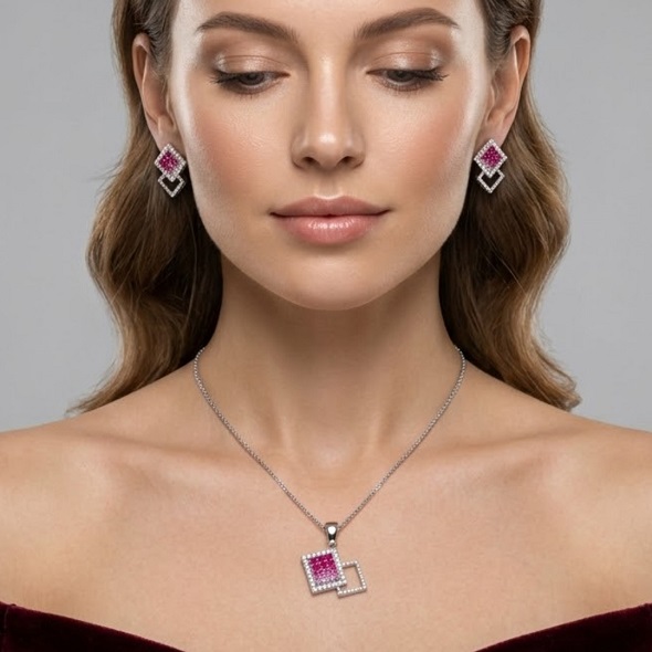Geometric Pink Ombré Square Jewelry Set – 92.5 Sterling Silver Double Square Necklace & Earrings with Gradient Crystals