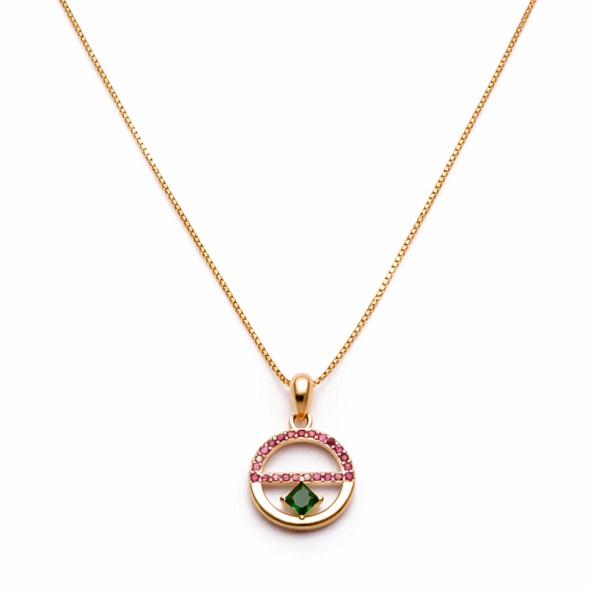 Geometric Sunset Halo Pendant – 18K Gold Plated 92.5 Sterling Silver Necklace with Emerald Green & Ruby Red Crystals