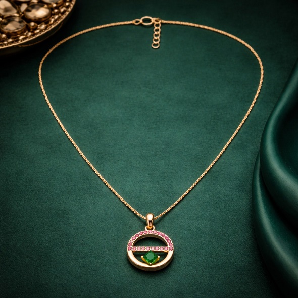 Geometric Sunset Halo Pendant – 18K Gold Plated 92.5 Sterling Silver Necklace with Emerald Green & Ruby Red Crystals