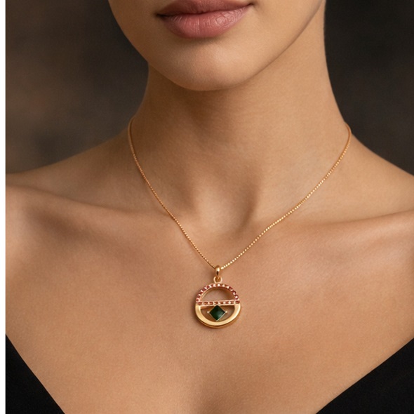 Geometric Sunset Halo Pendant – 18K Gold Plated 92.5 Sterling Silver Necklace with Emerald Green & Ruby Red Crystals