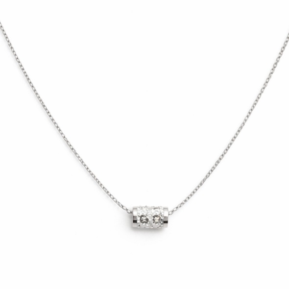 Glittering Cylinder Barrel Slider Necklace – 92.5 Sterling Silver Dainty Chain with Pavé Crystal Station Pendant