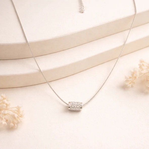 Glittering Cylinder Barrel Slider Necklace – 92.5 Sterling Silver Dainty Chain with Pavé Crystal Station Pendant