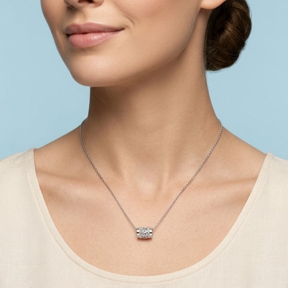 Glittering Cylinder Barrel Slider Necklace – 92.5 Sterling Silver Dainty Chain with Pavé Crystal Station Pendant