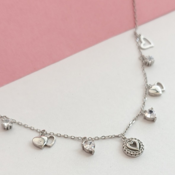 Infinite Love Multi-Heart Station Necklace – 92.5 Sterling Silver Romantic Charm Choker with Shimmering Halo & Crystal Accents