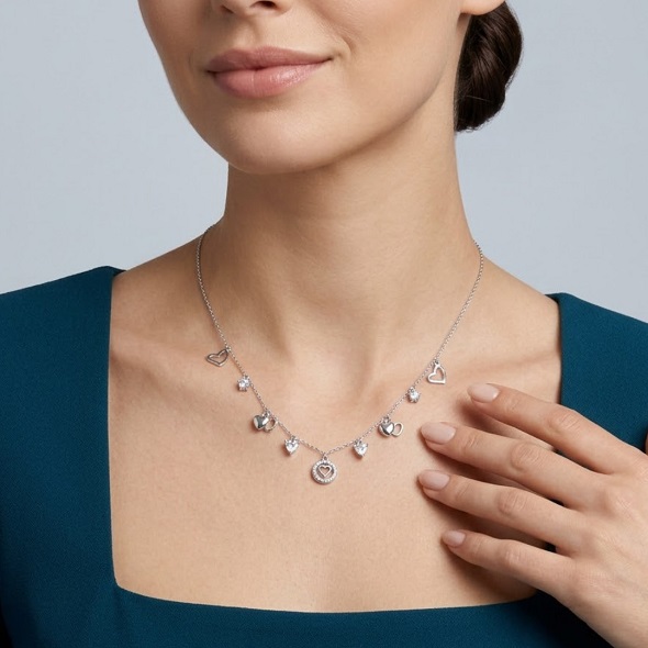 Infinite Love Multi-Heart Station Necklace – 92.5 Sterling Silver Romantic Charm Choker with Shimmering Halo & Crystal Accents
