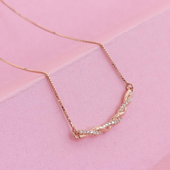 Infinite Twist Radiant Necklace – Rose Gold Plated 92.5 Sterling Silver Minimalist Bar Pendant with Shimmering Crystal Accents