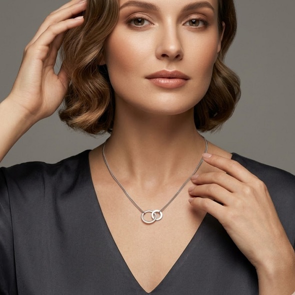 Interlocking Circle Eternal Bond Necklace – 92.5 Sterling Silver Double Hoop Pendant with Minimalist Curb Chain