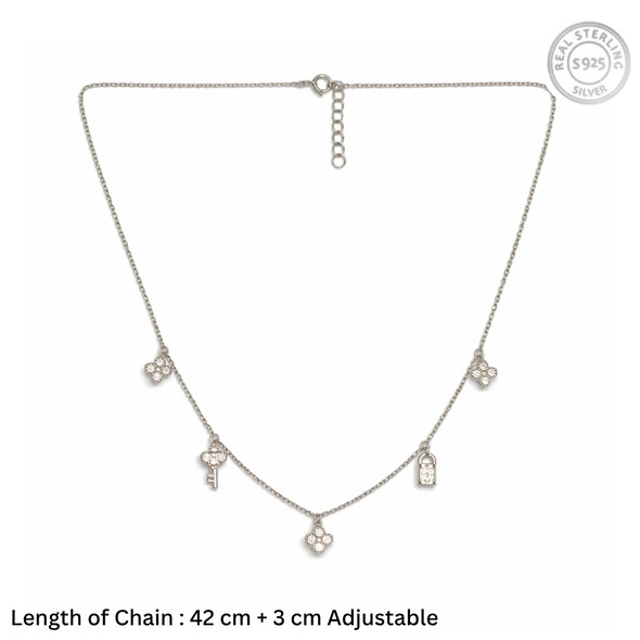 Lock and Key Clover Charm Necklace in 92.5 Sterling Silver – Whimsical Multi-Charm Dangle Choker with Sparkling Zirconia