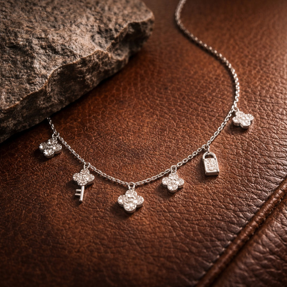 Lock and Key Clover Charm Necklace in 92.5 Sterling Silver – Whimsical Multi-Charm Dangle Choker with Sparkling Zirconia
