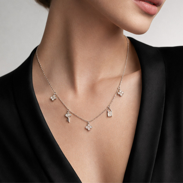 Lock and Key Clover Charm Necklace in 92.5 Sterling Silver – Whimsical Multi-Charm Dangle Choker with Sparkling Zirconia