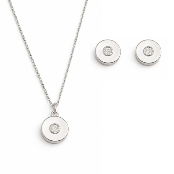 Minimalist Brushed Disc Jewelry Set – 92.5 Sterling Silver Circular Pendant & Stud Earrings with Solitaire Crystal Center