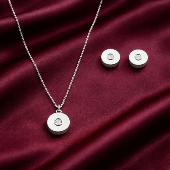 Minimalist Brushed Disc Jewelry Set – 92.5 Sterling Silver Circular Pendant & Stud Earrings with Solitaire Crystal Center