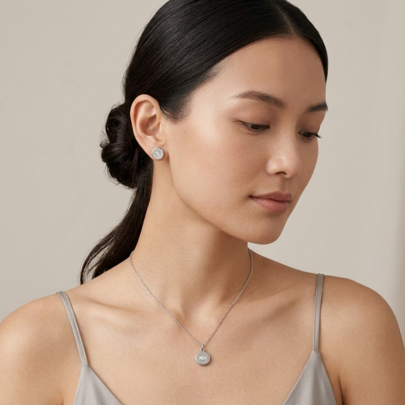 Minimalist Brushed Disc Jewelry Set – 92.5 Sterling Silver Circular Pendant & Stud Earrings with Solitaire Crystal Center