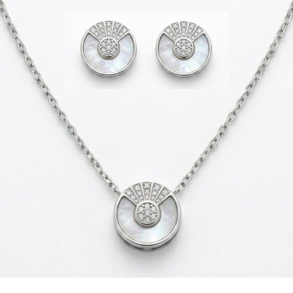 Mother of Pearl Cushion Halo Jewelry Set – 92.5 Sterling Silver Square Pendant & Stud Earrings with Solitaire Crystal Center