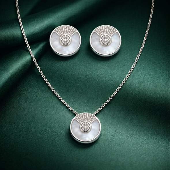 Mother of Pearl Cushion Halo Jewelry Set – 92.5 Sterling Silver Square Pendant & Stud Earrings with Solitaire Crystal Center