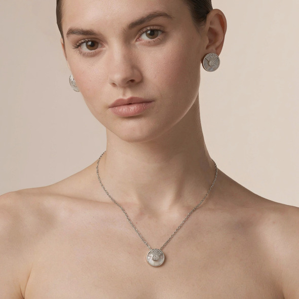 Mother of Pearl Cushion Halo Jewelry Set – 92.5 Sterling Silver Square Pendant & Stud Earrings with Solitaire Crystal Center