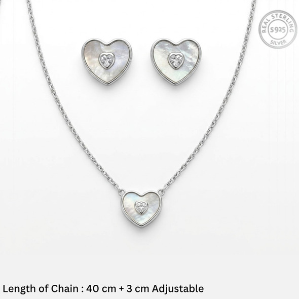 Mother of Pearl Heart Halo Jewelry Set – 92.5 Sterling Silver Heart Pendant & Stud Earrings with Shimmering Crystal Centers