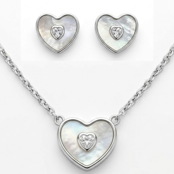 Mother of Pearl Heart Halo Jewelry Set – 92.5 Sterling Silver Heart Pendant & Stud Earrings with Shimmering Crystal Centers