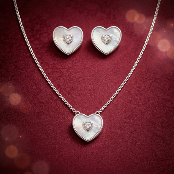 Mother of Pearl Heart Halo Jewelry Set – 92.5 Sterling Silver Heart Pendant & Stud Earrings with Shimmering Crystal Centers