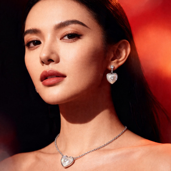 Mother of Pearl Heart Halo Jewelry Set – 92.5 Sterling Silver Heart Pendant & Stud Earrings with Shimmering Crystal Centers
