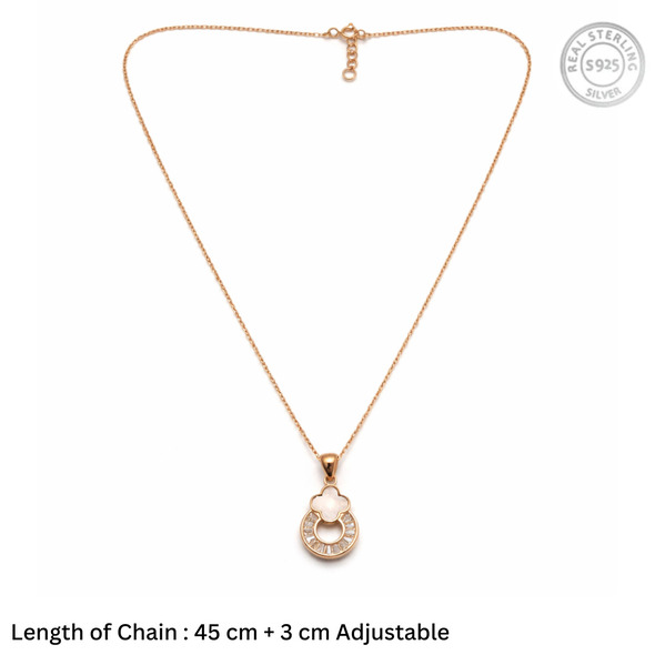 Mother of Pearl Clover & Baguette Halo Pendant – Rose Gold Plated 92.5 Sterling Silver Vintage-Inspired Necklace