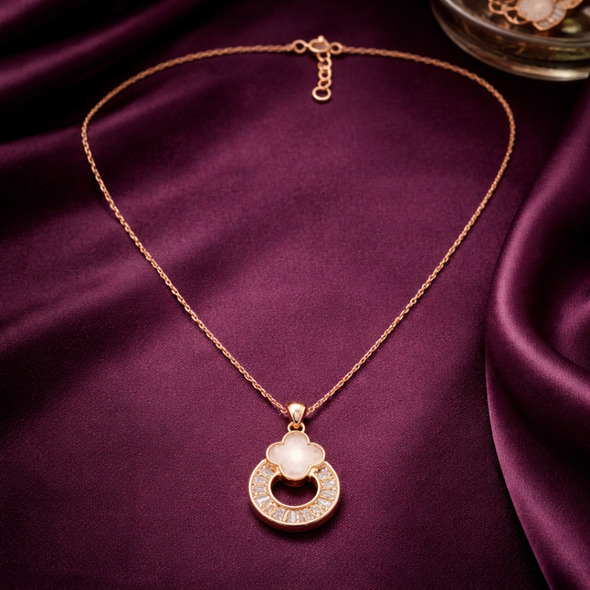 Mother of Pearl Clover & Baguette Halo Pendant – Rose Gold Plated 92.5 Sterling Silver Vintage-Inspired Necklace