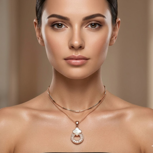 Mother of Pearl Clover & Baguette Halo Pendant – Rose Gold Plated 92.5 Sterling Silver Vintage-Inspired Necklace