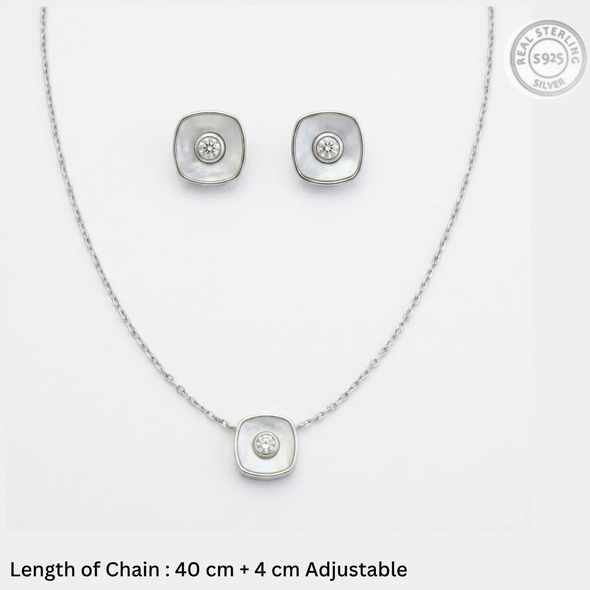 Mother of Pearl Cushion Halo Jewelry Set – 92.5 Sterling Silver Square Pendant & Stud Earrings with Solitaire Crystal Center