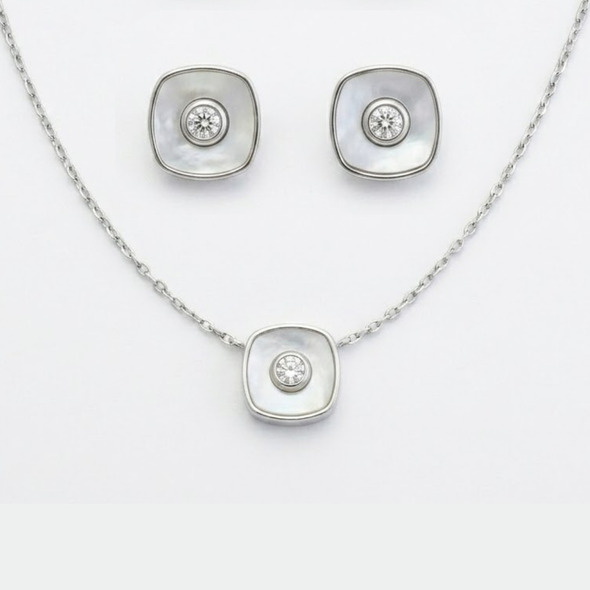 Mother of Pearl Cushion Halo Jewelry Set – 92.5 Sterling Silver Square Pendant & Stud Earrings with Solitaire Crystal Center