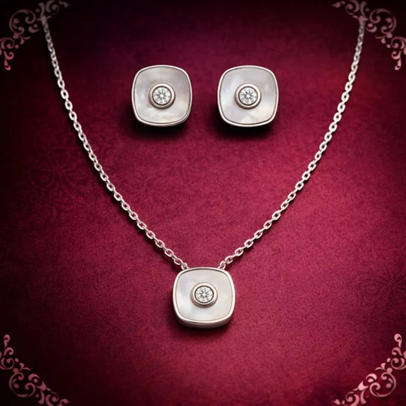 Mother of Pearl Cushion Halo Jewelry Set – 92.5 Sterling Silver Square Pendant & Stud Earrings with Solitaire Crystal Center